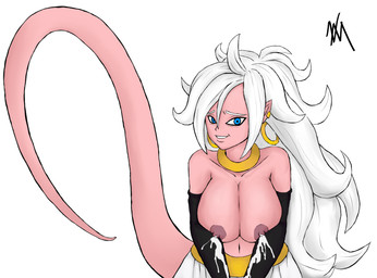 big_breasts blue_eyes bodily_fluids breasts female hair humanoid_pointy_ears lactating long_hair nipples not_furry pointy_ears solo nekomajinsama dragon_ball dragon_ball_fighterz android_21 majin_android_21 humanoid hi_res