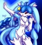 accessory anthro blue_body blue_fur blue_hair braided_hair breasts chest_tuft female fur hair hair_accessory hairclip looking_at_viewer nipple_dip nipples nude open_mouth red_eyes solo star star_clip tuft white_body white_fur mnxenx001 aiki lagomorph leporid mammal rabbit