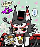 1_eye anthro blush cigarette cigarette_in_mouth clothed clothing duo ellipsis feral hat headgear headwear male medal object_in_mouth smoking smoking_cigarette suspenders text chico hazbin_hotel husk_(hazbin_hotel) bat demon domestic_cat felid feline felis mammal absurd_res hi_res japanese_text translated