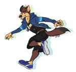 anthro bottomwear cargo_shorts clothed clothing footwear fully_clothed fur hoodie male multicolored_body multicolored_fur pawpads running shirt shoes shorts sneakers solo topwear kingdomblade koen_the_fox canid canine fox mammal