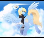 2024 artist_name black_bars blonde_hair blue_body blue_skies_(abluepegasus) blue_sky blurred_background bottomless butt clothed clothed_feral clothing cloud cutie_mark detailed_background digital_media_(artwork) english_text equid equine fan_character feathered_wings feathers featureless_crotch feral flying hair hasbro hi_res higglytownhero hooves letterbox looking_at_viewer looking_back looking_back_at_viewer male mammal my_little_pony mythological_creature mythological_equine mythology pegasus quadruped rear_view sky skyscape solo spread_wings tail text thought_bubble topwear topwear_only underhoof widescreen wings yellow_tail