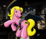 bat_emblem bat_signal bat_symbol city cityscape cutie_mark duo feral male night pre-g4 rainbow rainbow_arch riding straddling tail unknown_artist batman_(series) dc_comics hasbro my_little_pony batman fan_character equid equine horse human mammal pony crossover