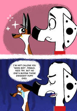 black_ears black_nose black_spots blush blush_lines bodily_fluids brown_body brown_fur collar dialogue duo feral fur gold_(metal) gold_tooth good_boy male parody pleading_eyes red_collar spots tears text toony white_body white_fur danukistudio 101_dalmatian_street 101_dalmatians disney i'm_not_calling_you_"good_boy" dylan_(101_dalmatians) fergus_(101_dalmatians) canid canine canis dalmatian domestic_dog fox mammal red_fox true_fox 2024 comic english_text hi_res