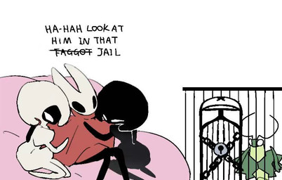 antennae_(anatomy) anthro biped black_body black_eyes cloak clothing dialogue empty_eyes female female/female female_anthro female_humanoid green_body group holding_partner homophobic_slur hug hugging_another male mouthless narrowed_eyes prison_cell red_cloak red_clothing simple_background sitting slur talking_to_another text trio_focus white_background white_body white_eyes katatsumu_ktkt hollow_knight:_silksong hollow_knight_(franchise) team_cherry green_prince_(hollow_knight:_silksong) hornet_(hollow_knight) lace_(hollow_knight:_silksong) lost_lace arthropod hornet humanoid hymenopteran insect vespid wasp 2026 digital_drawing_(artwork) digital_media_(artwork) english_text