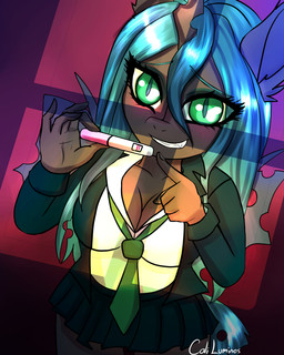 anthro black_body blue_eyebrows blue_hair blush bottomwear breasts clothed clothing early_pregnancy eyebrows eyelashes female fully_clothed gesture green_eyes hair hand_gesture holding_object horn light light_beam looking_at_viewer pointing pregnancy_test pregnant school_uniform skirt smile solo sunbeam sunlight tail teeth uniform wings caliluminos friendship_is_magic hasbro my_little_pony queen_chrysalis_(mlp) arthropod changeling_(mlp) 4:5 absurd_res hi_res signature