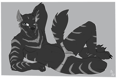 anthro biped black_body black_fur black_nose bulge cheek_tuft claws clothed clothing digitigrade eyebrows facial_tuft fur hand_behind_head looking_at_viewer male navel pose reclining simple_background striped_body stripes toe_claws tuft underwear underwear_only white_stripes fuf ambiguous_species canid canine mammal species_request 2019 3:2