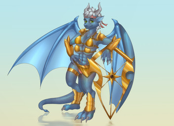 4_breasts anthro armor bikini_armor breasts female gradient_background horn kerchief multi_breast scales shield simple_background solo tail unconvincing_armor wings keymey mythology nyazuli dragon mythological_creature mythological_scalie scalie absurd_res hi_res
