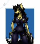 anthro badge black_hair breasts cleavage clothed clothing club_(weapon) cuff_(restraint) desert_eagle electronics female gun hair handcuffs handgun horn looking_at_viewer melee_weapon metal_cuffs nightstick pistol police police_uniform radio ranged_weapon restraints shackles solo uniform weapon yellow_eyes tacticalfur hasbro my_little_pony mythology amber_steel equid equine mammal mythological_creature mythological_equine unicorn 2015 absurd_res hi_res