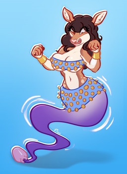 anthro blue_clothing brown_hair clothing female female_anthro genie_tail hair potion simple_background solo surprised transformation transformation_potion sjevi digital_drawing_(artwork) digital_media_(artwork) hi_res