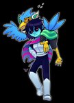 ambiguous_gender anthro armor blue_body blue_feathers blue_skin blush carrying_another duo feathers male male/ambiguous nerd scouter shoulder_carry feralias deltarune undertale_(series) berdly kris_(deltarune) avian bird human mammal alpha_channel hi_res