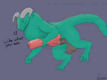 animal_genitalia balls blue_eyes claws curved_horn dialogue erection feral genitals green_body holding_penis horn hyper knot knotted_penis lying male on_side paws penis quadruped sheath solo speech_bubble superspaces mythology dragon mythological_creature mythological_scalie scalie hi_res