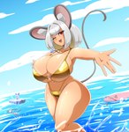arms_out big_breasts bikini biped breasts cleavage clothed clothing female feral fingers glistening glistening_body grey_hair hair looking_at_viewer one_eye_closed open_mouth outside red_eyes smile solo_focus suntan swimwear tan_line thick_thighs two-piece_swimsuit water wink zedrin golden_week touhou cirno nazrin animal_humanoid humanoid mammal mammal_humanoid mouse mouse_humanoid murid murid_humanoid murine murine_humanoid rodent rodent_humanoid hi_res