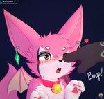 ambiguous_gender anthro bell bell_collar blush boop collar duo ear_piercing ear_ring fangs fur heart_symbol kemono membrane_(anatomy) membranous_wings paws piercing pink_body pink_fur pink_paws ring_piercing teeth text wings yellow_eyes senz dust:_an_elysian_tail lune_(lunesnowtail) sean_(senz) bat iradeon mammal nimbat absurd_res hi_res url