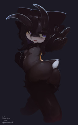 4_fingers antennae_(anatomy) anthro black_antennae black_body black_ears black_fur black_hair breasts butt curly_hair cute_fangs eyelashes fangs featureless_breasts female fingers fur gesture grey_body grey_pawpads grey_tail hair hand_gesture kemono long_hair looking_at_viewer noseless nude open_mouth open_smile pawpads pupils purple_eyes red_tongue slit_pupils small_breasts small_tail smile solo standing tail teeth text tongue v_sign white_body white_eyes white_tail hasukii talpa_(hasukii) aquatic aquatic_gastropod gastropod mollusk sea_snail snail hi_res