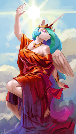 anthro biped breasts cloud crown detailed_background feathered_wings feathers feet female fingers hair headgear horn humanoid_feet looking_at_viewer multicolored_hair outside plantigrade pupils solo sun toes toony white_body wings kelkessel friendship_is_magic hasbro my_little_pony mythology princess_celestia_(mlp) equid equine mammal mythological_creature mythological_equine winged_unicorn 2025 absurd_res detailed hi_res