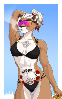 abs anthro athletic athletic_anthro athletic_female belly_tattoo big_breasts bikini bikini_bottom bikini_top black_bikini black_clothing black_nose black_swimwear border breasts chest_tattoo cigarette cigarette_in_mouth cleavage clothed clothing eyewear female fingers fur hair humanoid_hands muscular muscular_anthro muscular_female navel object_in_mouth ponytail pose smoke smoking solo sunglasses swimwear tan_body tan_fur tattoo two-piece_swimsuit white_border white_hair nurrin ivy_(bronx23) cougar felid feline mammal 2022 digital_media_(artwork) hi_res pinup signature