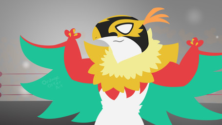 ambiguous_gender claws feathers feral fighting_ring green_wings muscular red_body red_feathers simple_background solo white_body white_feathers wings yellow_body yellow_claws yellow_feathers orangeotterart nintendo pokemon pokemon_legends_z-a avian generation_6_pokemon generation_9_pokemon mega_evolution mega_hawlucha pokemon_(species) 16:9 2025 4k absurd_res hi_res lineless watermark widescreen