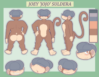 anthro barefoot blush brown_body brown_eyes brown_hair butt clothing featureless_crotch feet frown green_background hair hand_on_hip hat headgear headwear looking_at_viewer male multicolored_body nude one_eye_obstructed pose raised_tail round_ears simple_background smile smirk solo standing tail toes topwear two_tone_body alepawski joey_(impulse8) haplorhine mammal monkey primate 2022 absurd_res hi_res model_sheet