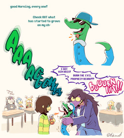 anthro clothed clothing eyebrows eyewear fire forked_tongue freckles green_clothing green_tail green_topwear hair open_mouth sunglasses tail teeth text tongue topwear yellow_clothing yellow_sclera yellow_teeth yellow_topwear yukimura4 deltarune undertale undertale_(series) alphys berdly catti_(deltarune) heats_flamesman jockington_(deltarune) kris_(deltarune) noelle_holiday susie_(deltarune) avian bird deer domestic_cat felid feline felis human mammal new_world_deer reindeer reptile scalie snake english_text hi_res