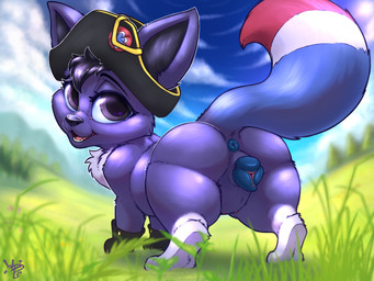 animal_genitalia animal_vulva anus bicorne big_eyes big_head blue_anus blue_sky blue_vulva butt canine_genitalia canine_vulva chest_tuft clothed clothed_feral clothing cloud day depth_of_field detailed_background digitigrade female female_feral feral field footwear french furgonomic_hat furgonomic_headwear furgonomics genitals grass hair hat headgear headwear lacrimal_caruncle looking_at_viewer looking_back nipples open_mouth outside plant presenting presenting_anus presenting_hindquarters presenting_vulva purple_hair purple_nose rear_view shoes sky solo tail tail_aside tuft vulva wolps fakemon nintendo pokemon fan_character robin_dismas fakeveelution napoleon_(species) pokemon_(species) 2024 4:3 absurd_res full-length_portrait hi_res portrait