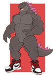 anthro clothing featureless_crotch footwear footwear_only grey_body grey_scales male mostly_nude muscular muscular_anthro muscular_male open_mouth pecs scales shoes shoes_only solo standing teeth darknaigart godzilla_(series) toho godzilla kaiju scalie hi_res