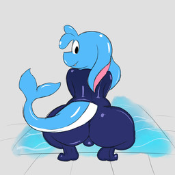 anthro balls blue_body diving_suit dolphin_tail femboy genitals long_ears male smile solo swimming_pool sleepyly aquatic fish scalie 1:1 hi_res sketch