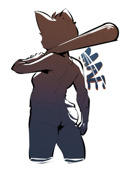 baseball_bat bat_(object) clothed clothing female fully_clothed gradient holding_object holding_weapon melee_weapon rear_view simple_background solo weapon weapon_on_shoulder white_background saucymauler night_in_the_woods mae_borowski bat domestic_cat felid feline felis mammal 2019 hi_res