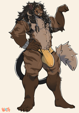 anthro beard big_bulge biped black_hair brown_body brown_fur bulge clothed clothing detailed_bulge facial_hair fangs flexing flexing_bicep fluffy fluffy_tail fur genital_outline hair long_hair male muscular muscular_anthro muscular_male nipple_piercing nipples penis_outline piercing plantigrade solo tail teeth underwear underwear_only bluesh felid lion mammal pantherine absurd_res hi_res