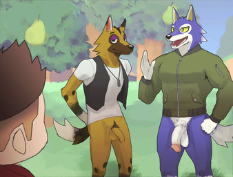 anthro balls bottomless casual_exposure circumcised clothed clothing dog_tags flaccid food foreskin fruit genitals group hand_behind_back humanoid_genitalia humanoid_penis jacket male male/male neckwear open_mouth outside pear penis penis_size_difference plant pubes shirt standing topwear tree vest k0bit0wani animal_crossing nintendo kyle_(animal_crossing) lobo_(animal_crossing) villager_(animal_crossing) canid canine canis human mammal wolf 2020 hi_res