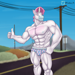 abs anthro areola blurred_background bulge clothed clothing day detailed_background detailed_bulge fingers front_view fur genital_outline grass hitchhiking horn humanoid_hands male muscular muscular_anthro muscular_male nipples outside pantsless_anthro pantsless_male pecs penis_outline plant pose power_line road road_sign skimpy sky solo standing topless topless_anthro topless_male underwear utility_pole white_body white_fur unibro_pi mythology unibro_pi_(character) equid equine mammal mythological_creature mythological_equine unicorn 1:1 absurd_res hi_res portrait three-quarter_portrait