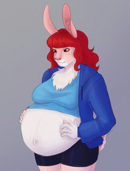 amber_eyes anthro belly_peeking_out black_bottomwear black_clothing black_shorts blue_clothing blue_jacket blue_shirt blue_topwear bottomwear clothed clothing exposed_belly female fur grey_background hair hand_on_belly jacket looking_at_belly looking_down multicolored_body multicolored_fur neck_tuft open_clothing open_jacket open_topwear pink_body pink_fur pregnant pregnant_female rabbit_ears red_hair scut_tail shirt short_tail shorts simple_background smile solo standing tail topwear tuft two_tone_body two_tone_fur white_body white_fur mikiki_ii cerise_(d2) lagomorph leporid mammal rabbit 2025 hi_res