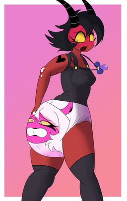 abdl blush clothed clothing decal diaper diaper_fetish diaper_transformation duo embarrassed female horn humiliation inanimate_transformation open_mouth pacifier red_body solo standing transformation wearing_diaper noonetocareabout hellaverse helluva_boss millie_(helluva_boss) verosika_mayday animate_inanimate demon diaper_creature imp inanimate_object succubus absurd_res hi_res