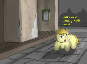 abandoned ambiguous_feral ambiguous_gender baby_talk black_eyes blonde_hair brick_floor dialogue feral fur hair hooves looking_up open_mouth scared solo standing tail tan_hooves text yellow_body yellow_fur yellow_tail yellow_text young young_ambiguous young_feral carpdime fluffy_pony fluffy_pony_(species) mammal digital_media_(artwork) english_text shaded