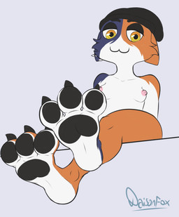 anthro breasts claws clothing feet female foot_focus fur headgear headwear looking_at_viewer multicolored_body nipples nude orange_body orange_fur pawpads simple_background slim small_breasts soles solo thick_thighs toe_claws daison_the_fox epic_games fortnite meow_skulls calico_cat domestic_cat felid feline felis mammal absurd_res hi_res