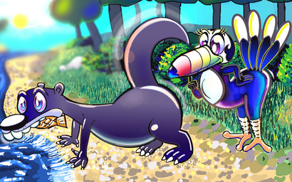 anthro beak duo female feral looking_at_another's_butt male raised_tail river smile sun tail tropical what seppuku_(artist) brandy_and_mr._whiskers disney ed_(brandy_and_mr._whiskers) aquatic avian bird fish mammal mustelid otter piciform toucan colorful_theme hi_res