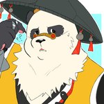 anthro asian_clothing black_body black_fur blue_background bodily_fluids chinese_clothing clothing confusion east_asian_clothing eyewear fur glasses male question_mark ring simple_background solo sweat white_body white_fur rockaus15 mihoyo zenless_zone_zero pan_yin_hu bear giant_panda mammal thiren 2025 hi_res