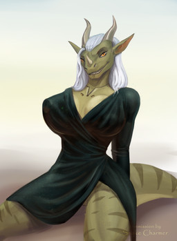 anthro big_breasts biped breasts clothed clothing cybernetics dress female green_body hair horn huge_breasts looking_at_viewer machine nipple_outline orange_eyes sitting smile solo stripes tail alvanarry mythology diana_digma crocodilian cyborg dragon hybrid mythological_creature mythological_scalie reptile scalie absurd_res hi_res