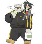 anthro blush clothing eating eyewear food male melon_pan necktie shopping_bag simple_background size_difference stocky suit sunglasses text track_pants tracksuit hyaku_(artist) odd_taxi sekiguchi_(odd_taxi) yano_(odd_taxi) bear eulipotyphlan hedgehog mammal polar_bear ursine japanese_text