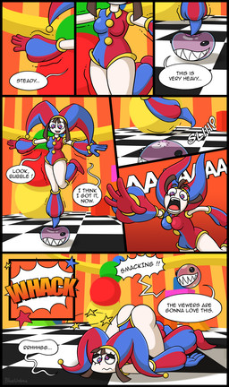 action_pose anthro big_eyes black_border border butt cartoon_physics circus circus_tent clothing costume duo falling female gloves group handwear humor jester on_ground on_one_leg onomatopoeia pose screaming shocked sleeves slipping smile sound_effects speech_bubble standing standing_on_toes star text tiptoes toony blueumbra glitch_productions the_amazing_digital_circus bubble_(tadc) pomni_(tadc) human humanoid mammal comic english_text hi_res