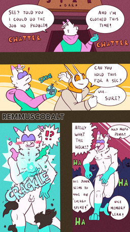 anthro assisted_exposure balls bar blush bomb clothing dialogue embarrassed explosives exposed foreskin genitals group humiliation laugh nude penis text torn_clothing remmus_cobalt panazel_maria 4k 9:16 absurd_res comic english_text hi_res