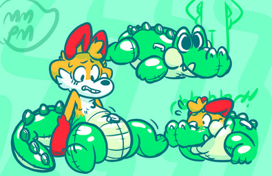 anthro anthro_to_inanimate duo green_body handle inanimate_transformation inflatable looking_down male nozzle outline smile solo_focus species_transformation spread_legs spreading standing surprised three_frame_image three_frame_sequence transformation transformation_sequence memopemo canid canine crocodile crocodilian fox mammal reptile scalie 2021 absurd_res digital_media_(artwork) hi_res sequence