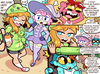 absolute_territory beanie blush bottomwear building clothing color_change dark_sclera dialogue eyewear femboy fingerless_gloves flirting frilly frilly_clothing frilly_legwear frilly_thigh_highs glasses gloves group handwear hat headgear headwear hoodie innuendo legwear male male/male open_:3 open_mouth panicking sharp_teeth skirt speech_bubble teeth text thigh_highs topwear trio witch_hat digsaw dig_(digsaw) nat_(amaruu) splats_(splat_me_too) animal_humanoid chameleon_humanoid human humanoid lizard_humanoid mammal reptile reptile_humanoid scalie scalie_humanoid 2025 comic english_text hi_res