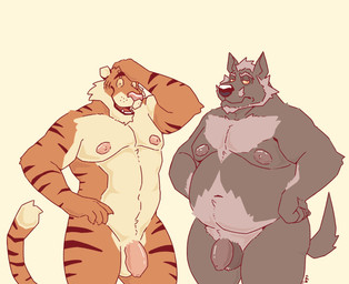 anthro balls belly big_belly brown_balls brown_body brown_fur duo eyebrow_piercing facial_piercing fangs flaccid foreskin front_view fur genitals hair hand_on_head hand_on_hip humanoid_genitalia humanoid_penis looking_at_viewer male male_anthro moobs mouth_closed narrowed_eyes navel nipples nude obese obese_anthro obese_male open_mouth open_smile orange_body orange_eyes orange_fur overweight overweight_anthro overweight_male penis piercing pink_nipples pink_penis red_tongue short_hair simple_background smile standing teeth tongue unretracted_foreskin yellow_balls yellow_body yellow_fur chocolateandmilk boomer_(nanoff) miles_(nanoff) canid canine canis felid mammal pantherine tiger wolf 2023 dated hi_res signature