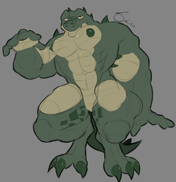 anthro claws crouching green_body grey_background male multicolored_body muscular muscular_anthro muscular_male nipples nude simple_background solo spikes spikes_(anatomy) two_tone_body yellow_eyes salsalaz_(artist) scalie tagme