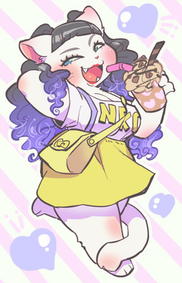 3_toes anthro barefoot beverage black_hair blue_eyes bottomwear clothing cute_fangs drinking_straw eyelashes fangs feet female hair hand_behind_head heart_symbol holding_object lipstick makeup pattern_background paws purple_hair purse purse_over_shoulder rosy_cheeks shirt simple_background skirt solo striped_background tail teeth text text_on_clothing text_on_topwear thick_thighs toes topwear white_clothing white_shirt white_topwear yellow_bottomwear yellow_clothing yellow_skirt sanjiro domestic_cat felid feline felis mammal