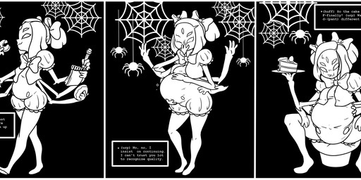 5_eyes 6_arms anthro belly big_belly bottomwear cake clothing dessert dialogue dialogue_box eating fangs female food hair hand_on_belly multi_arm multi_eye multi_limb navel open_mouth open_smile pants pastry pigtails shirt short_hair simple_background sitting smile solo standing stuffing teeth text topwear hmsm undertale undertale_(series) muffet arachnid arthropod spider absurd_res english_text hi_res long_image monochrome sequence signature watermark wide_image