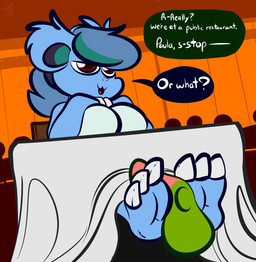 3_toes anthro balls big_breasts breasts claws dialogue duo erection exhibitionism feet female foot_fetish foot_focus foot_play footjob front_view furniture genitals hair hindpaw male male/female open_mouth paws penile penis plantigrade public sex simple_background sitting smile soles speech_bubble table tablecloth text toe_claws toes toony two-footed_footjob under_table_footjob 1upgobbo nintendo pokemon jay_(1upgobbo) paula_(1upgobbo) generation_1_pokemon generation_2_pokemon larvitar nidorina pokemon_(species) 2017 english_text flat_colors hi_res signature