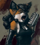 anthro armwear black_hair black_lipstick classy clothing dress elbow_gloves electronics eyes_closed female gaping_mouth gloves hair handwear lipstick makeup microphone music open_mouth shure_55s_microphone singing solo speedpaint blindrat canid canine fox mammal digital_media_(artwork) digital_painting_(artwork) half-length_portrait painting_(artwork) portrait