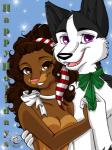 anthro breasts duo featureless_breasts female holidays male male/female nude smile kittmouri christmas canid canine canis domestic_dog felid lion mammal pantherine