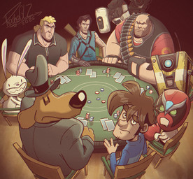 anthro bald blue_clothing blue_topwear card chair clothed clothing eyebrows fingers fully_clothed furniture hair headgear headwear looking_at_viewer machine playing_card poker poker_chip poker_table sitting teeth thick_eyebrows topwear rochaglz 2k_games adult_swim bioware borderlands cartoon_network electronic_arts evil_dead homestar_runner penny_arcade poker_night_at_the_inventory portal_(series) sam_and_max team_fortress_2 the_venture_bros. valve ash_williams brock_samson claptrap glados heavy_(team_fortress_2) max_(sam_and_max) samuel_dog strong_bad tycho_brahe canid canine canis domestic_dog lagomorph leporid mammal rabbit robot 2026 crossover hi_res